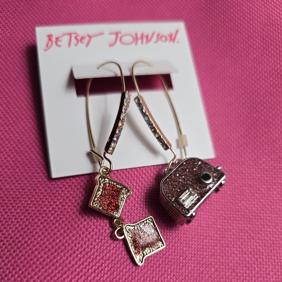 Betsey Johnson Gold-Tone Drop Earrings with Red & Pink Glitter Charms - Picture 4 of 14